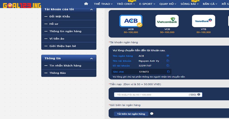 Nạp tiền Goal123 qua chuyển khoản ngân hàng