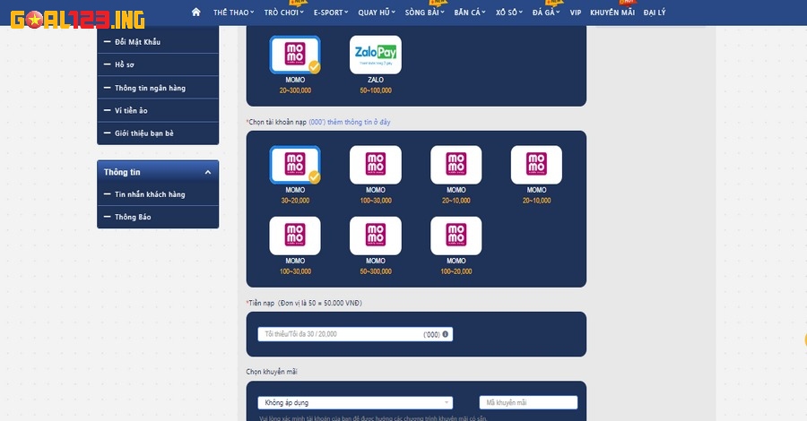 Cách nạp tiền Goa123 qua ví điện tử