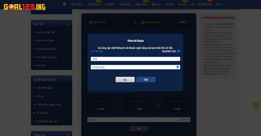 Rút tiền trên Goal123 qua tài khoản ngân hàng